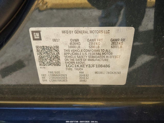 1GC1KXEY3JF108486 Chevrolet l5p - direct injection, duramax, gen 5, var 1