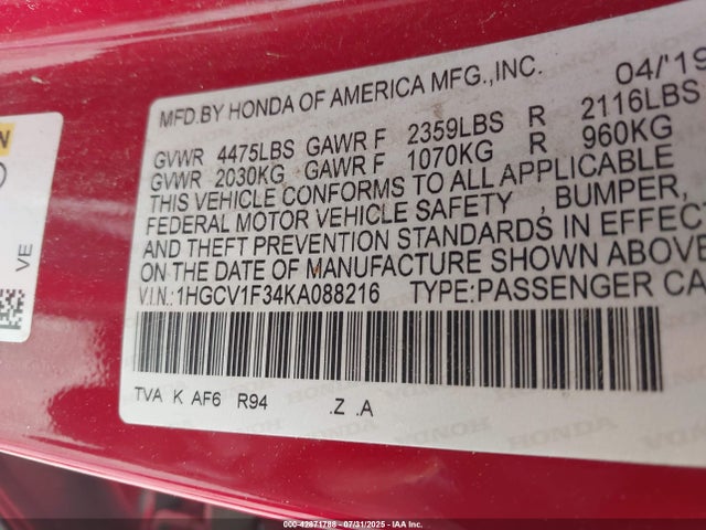 1HGCV1F34KA088216 Honda l15be