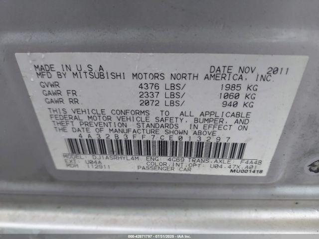 2012 MITSUBISHI GALANT 4A32B3FF7CE013297 Photo 8