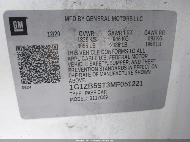 1G1ZB5ST3MF051221 Chevrolet lfv - direct injection, variable valve timing, gen 1 gmna