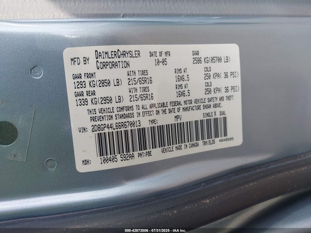 2006 Dodge Grand Caravan Sxt მანქანა იყიდება აუქციონზე, vin: 2D8GP44L66R670013, აუქციონის ნომერი: 42872006