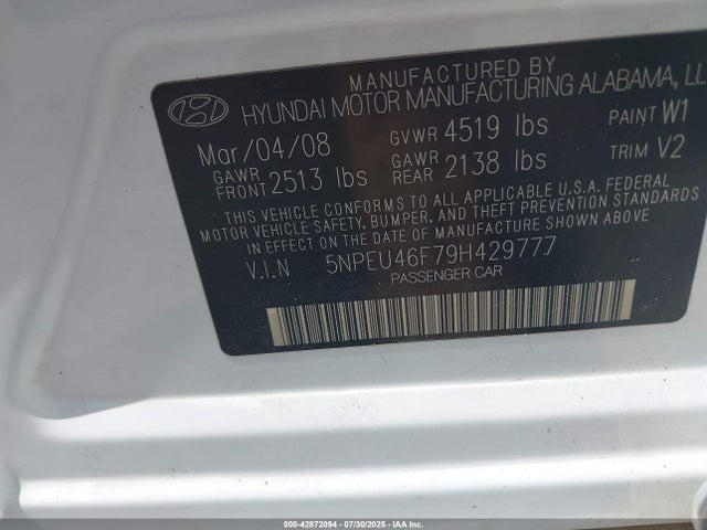 42872094 :رقم المزاد ، 5NPEU46F79H429777 vin ، 2009 Hyundai Sonata Limited V6 مزاد بيع
