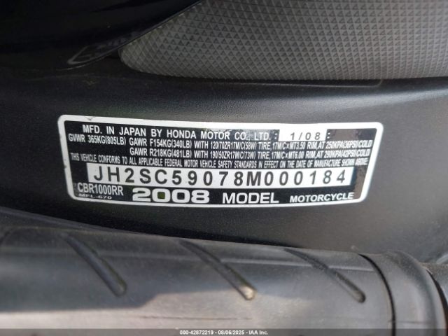 2008 HONDA CBR1000 JH2SC59078M000184 Photo 9