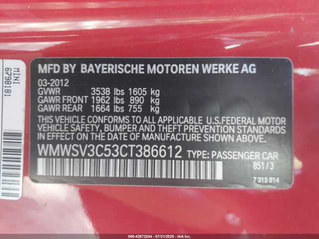2012 MINI COOPER S WMWSV3C53CT386612 Photo 8