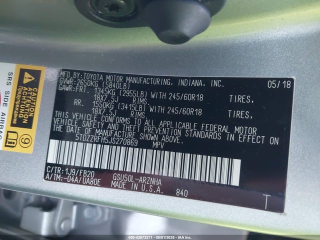5TDZZRFH5JS270869 Toyota 2gr-fks