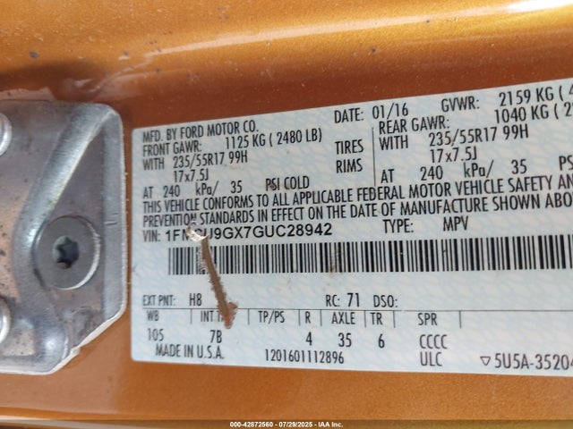 1FMCU9GX7GUC28942 Ford 2016