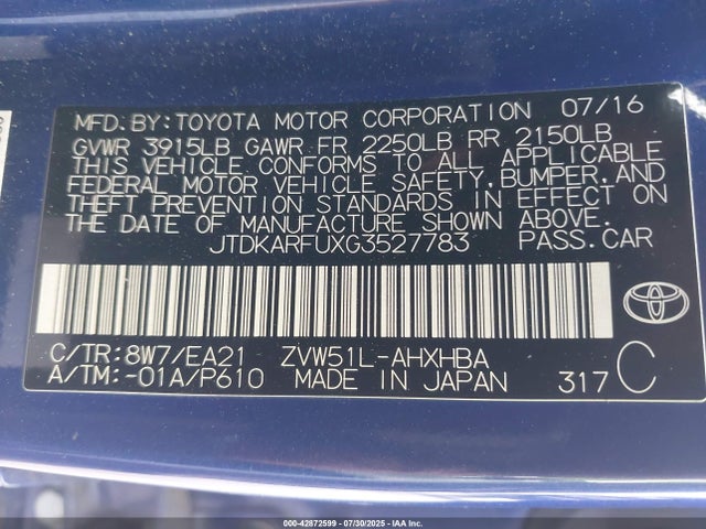 JTDKARFUXG3527783 Toyota 2zr-fxe,1nm