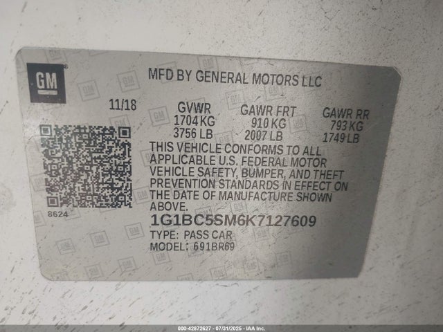 1G1BC5SM6K7127609 Chevrolet le2 -di: direct injection, vvt: variable valve timing, gen, alum