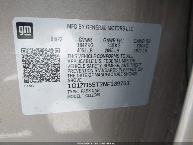 1G1ZB5ST3NF189763 Chevrolet lfv - direct injection, variable valve timing, gen 1 gmna