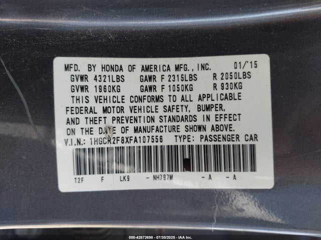1HGCR2F8XFA107556 Honda k24w1