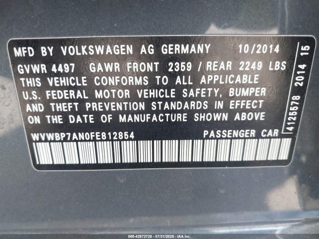 WVWBP7AN0FE812854 Volkswagen 2015