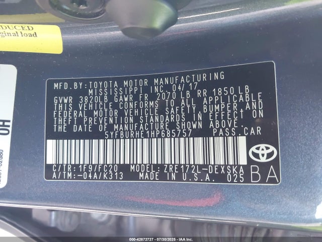 5YFBURHE1HP685757 Toyota 2zr-fe