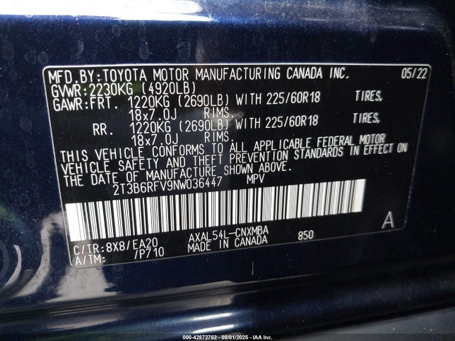 2T3B6RFV9NW036447 Toyota a25a-fxs, 3nm+4nm(li)