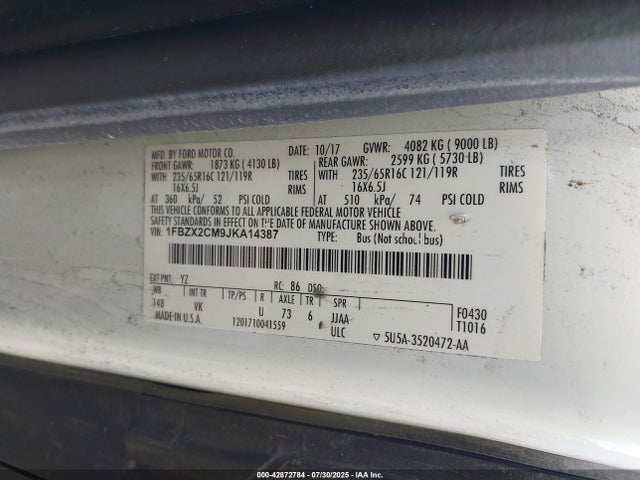 1FBZX2CM9JKA14387 Ford Transit