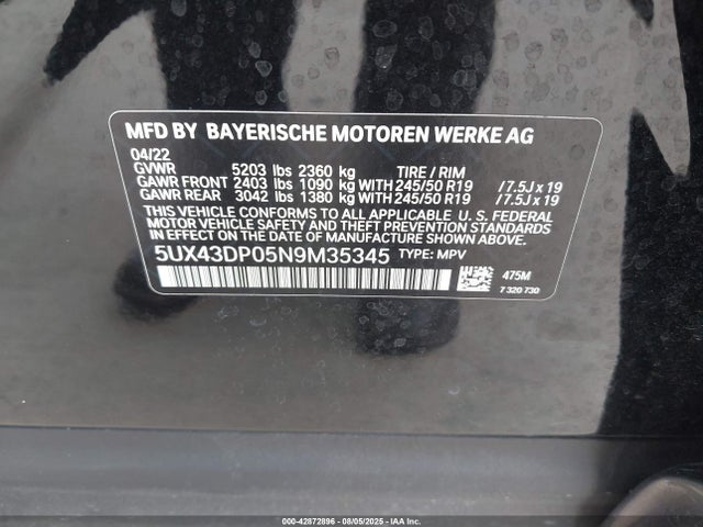 5UX43DP05N9M35345 BMW X3