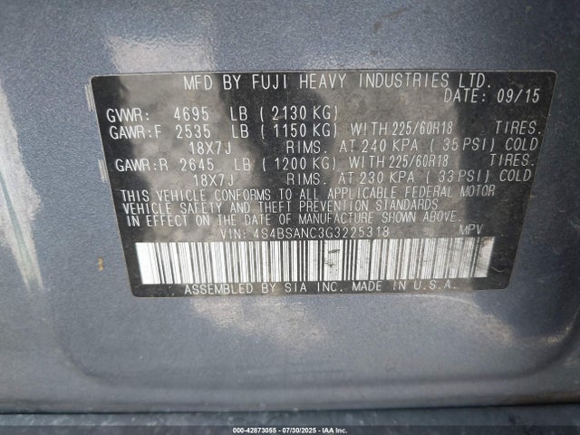 Subaru 2.5l u5 2016 4S4BSANC3G3225318 Image 9