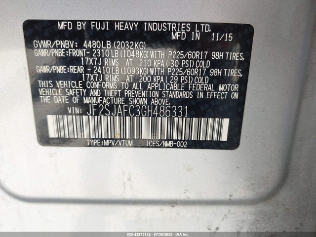 Subaru naturally aspirated u5 2016 JF2SJAFC3GH486331 Image 9