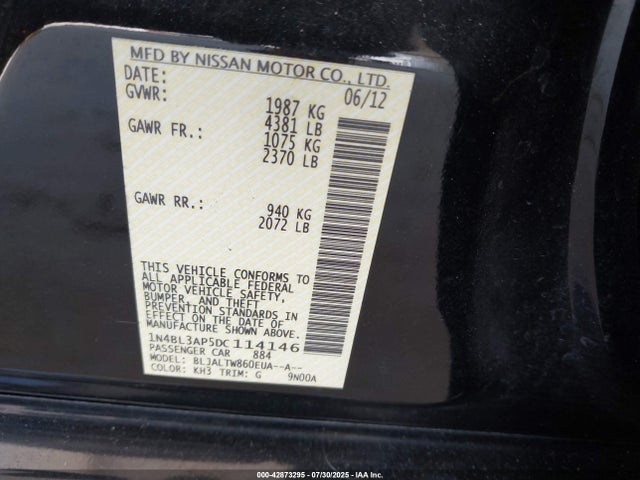 Продажа на аукционе авто 2013 Nissan Altima 3.5 Sv, vin: 1N4BL3AP5DC114146, номер лота: 42873295