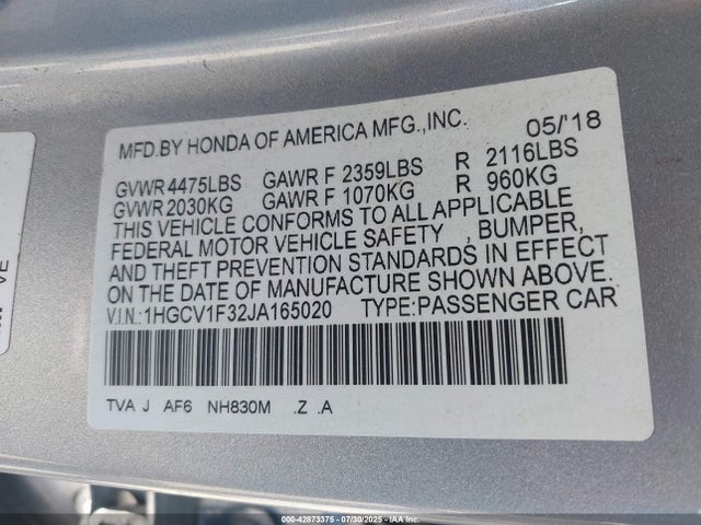 1HGCV1F32JA165020 Honda l15be