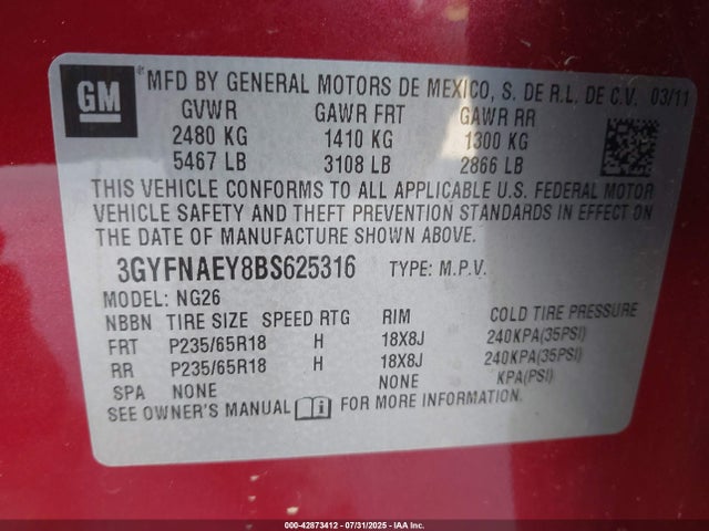 2011 CADILLAC SRX 3GYFNAEY8BS625316 Photo 8