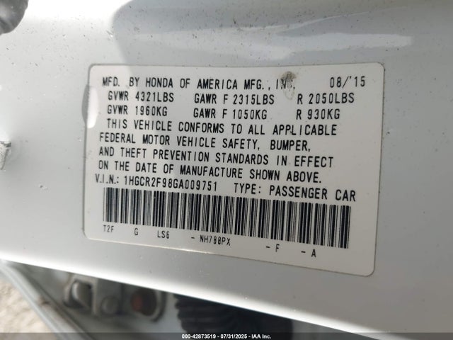 Honda k24w1 2016 1HGCR2F98GA009751 Image 9