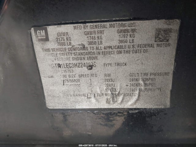 1GTR1LEC3HZ240076 GMC l83 -spark ignited direct injection, variable valve timing, afm, e85 max, alum