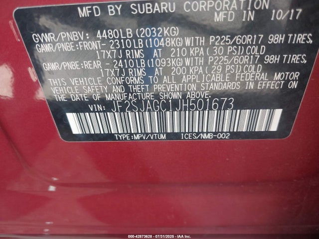 Subaru naturally aspirated u5 2018 JF2SJAGC1JH501673 Image 9