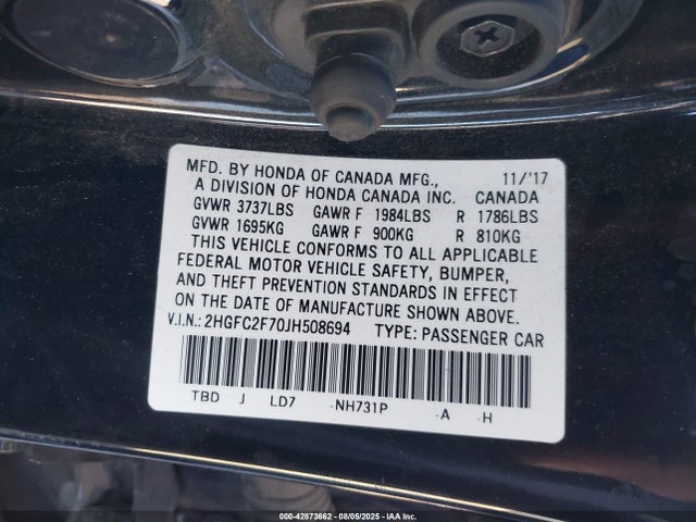 Honda k20c2 2018 2HGFC2F70JH508694 Image 9