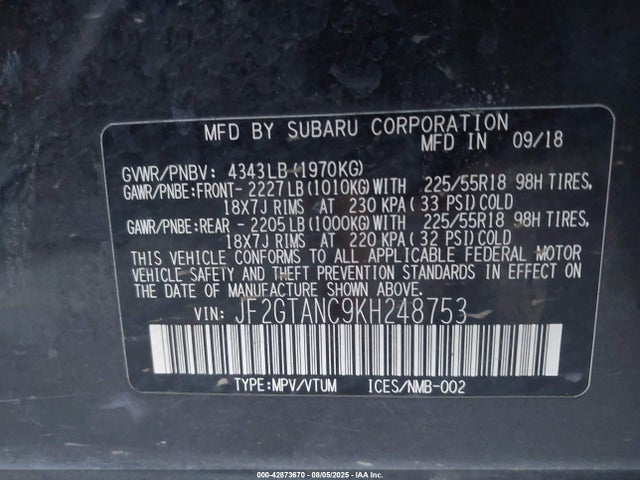 Subaru naturally aspirated 2019 JF2GTANC9KH248753 Image 9