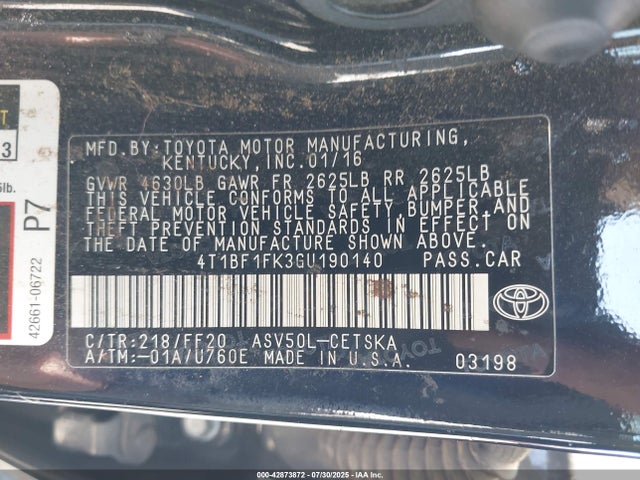 4T1BF1FK3GU190140 Toyota 2ar-fe
