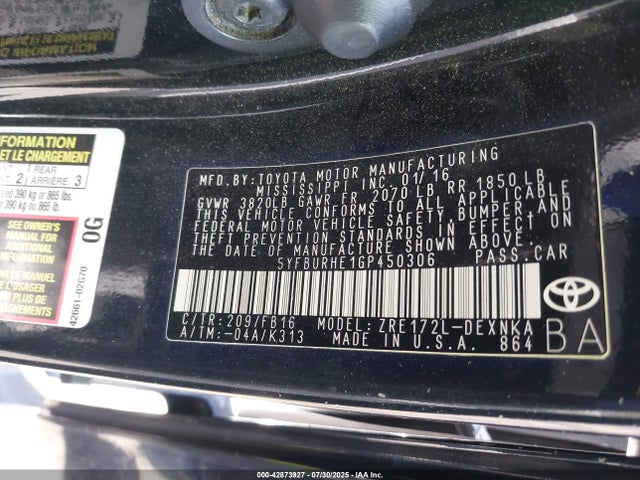 5YFBURHE1GP450306 Toyota 2zr-fe
