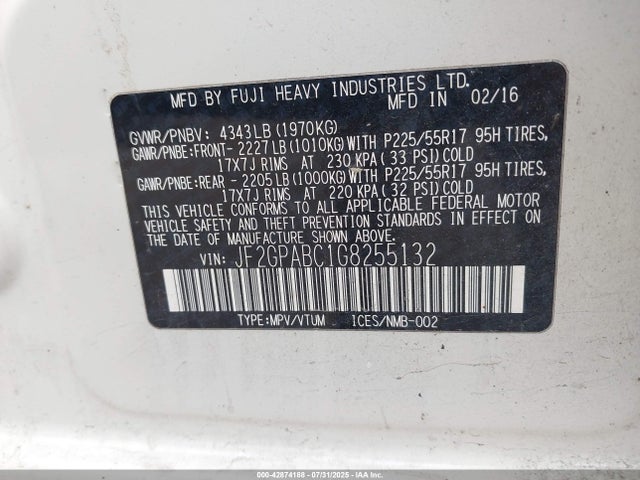Subaru naturally aspirated 2016 JF2GPABC1G8255132 Image 9