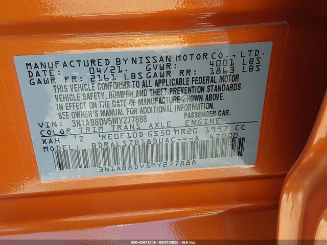 3N1AB8DV5MY277888 Nissan 2021