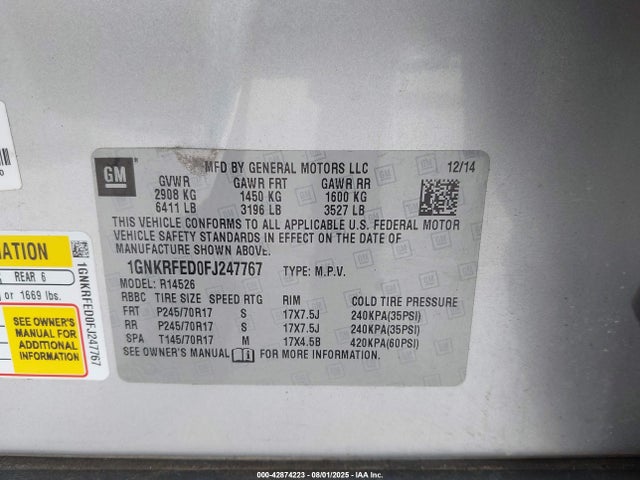 Chevrolet llt 2015 1GNKRFED0FJ247767 Image 9