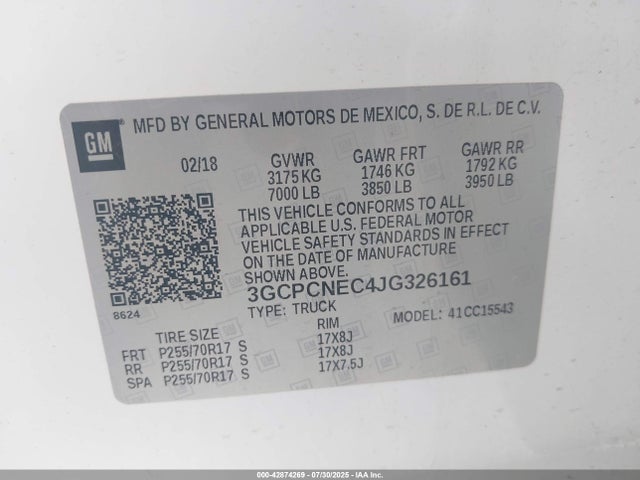 3GCPCNEC4JG326161 Chevrolet l83 - sidi: spark ignited direct injection, vvt: variable valve timing, afm, e85 max, alum