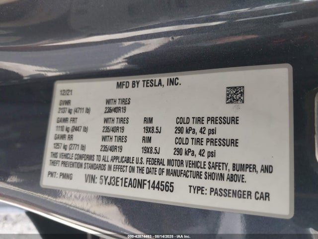 2022 TESLA MODEL 3 5YJ3E1EA0NF144565 Photo 8