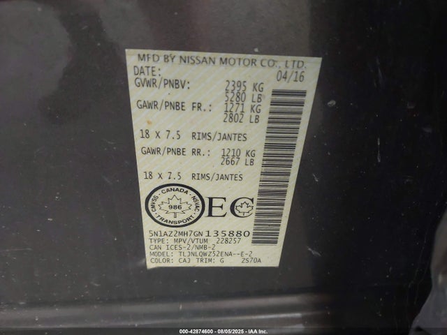 5N1AZ2MH7GN135880 Nissan 2016