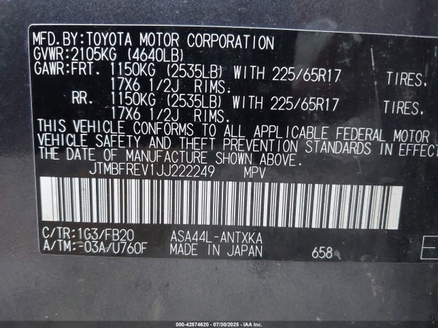 JTMBFREV1JJ222249 Toyota 2ar-fe