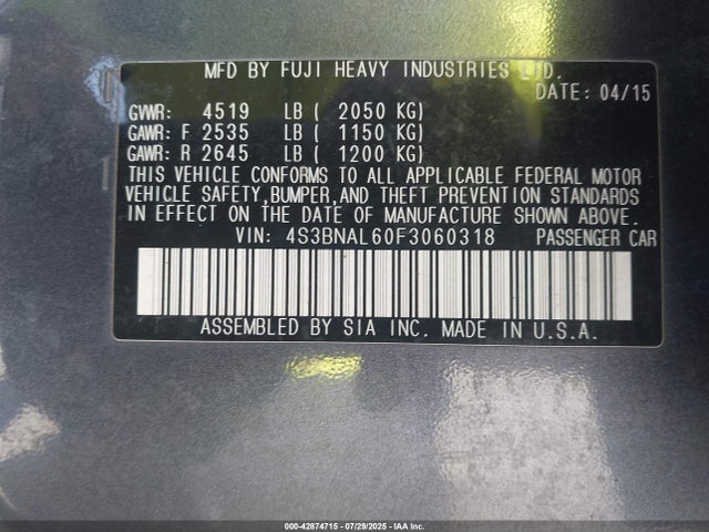 4S3BNAL60F3060318 Subaru 2.5l u5