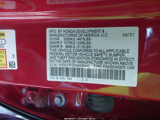 1HGCV1F37MA059442 Honda l15be