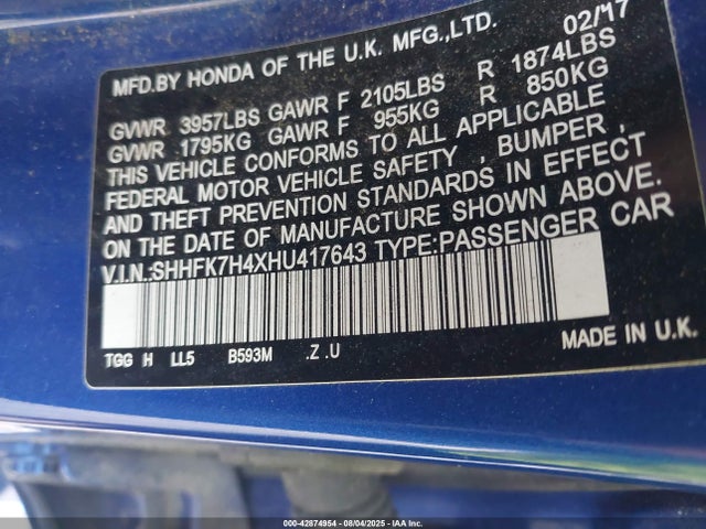 SHHFK7H4XHU417643 Honda l15ba