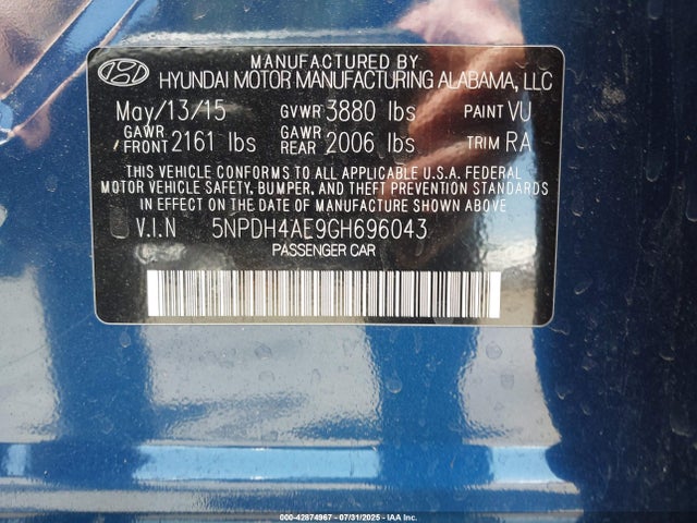 5NPDH4AE9GH696043 Hyundai dohc mpi nu
