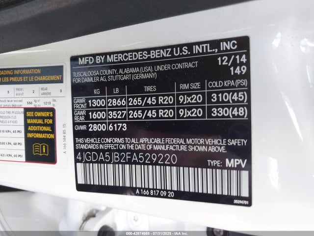 Mercedes-Benz 2015 2015 4JGDA5JB2FA529220 Image 9