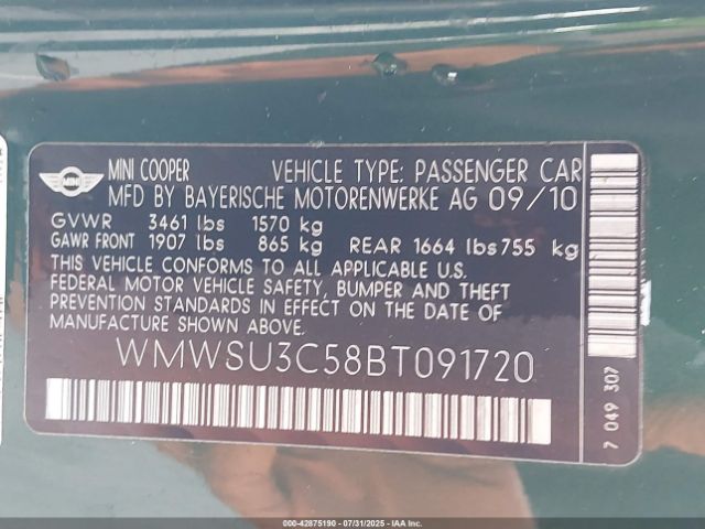2011 MINI COOPER WMWSU3C58BT091720 Photo 8