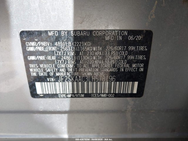 Subaru naturally aspirated u5 2020 JF2SKAAC3LH578196 Image 9