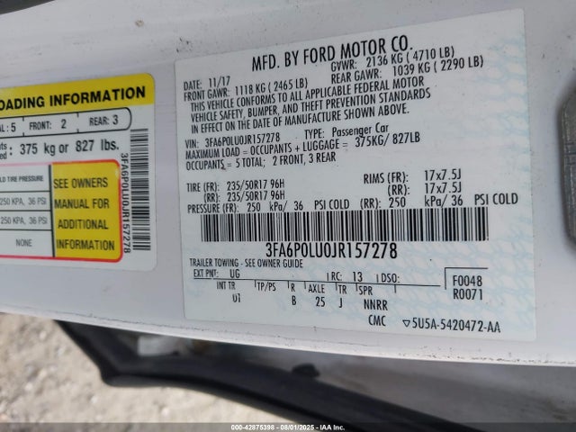 3FA6P0LU0JR157278 Ford 2.0l 4v atk hev