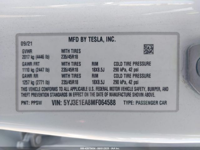 2021 TESLA MODEL 3 5YJ3E1EA8MF064588 Photo 8