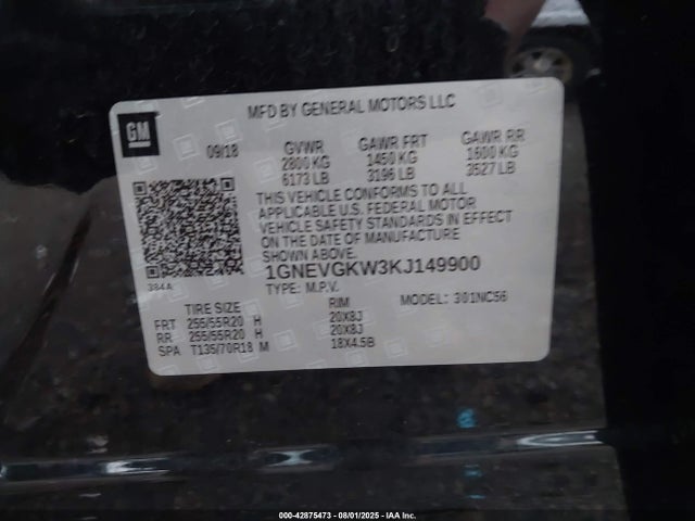1GNEVGKW3KJ149900 Chevrolet lfy - spark ignited direct injection, atss, gen 1