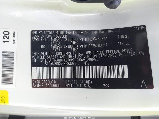 Toyota 2gr-fks 2015 5TDYK3DC5FS683080 Image 9