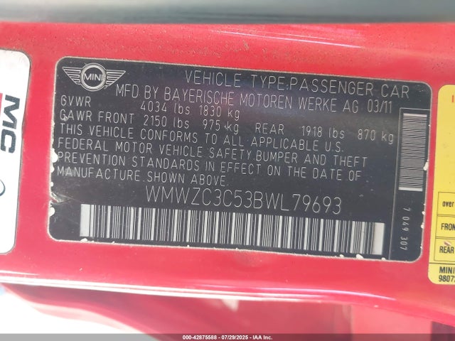 2011 MINI COOPER S COUNTRYMAN WMWZC3C53BWL79693 Photo 8
